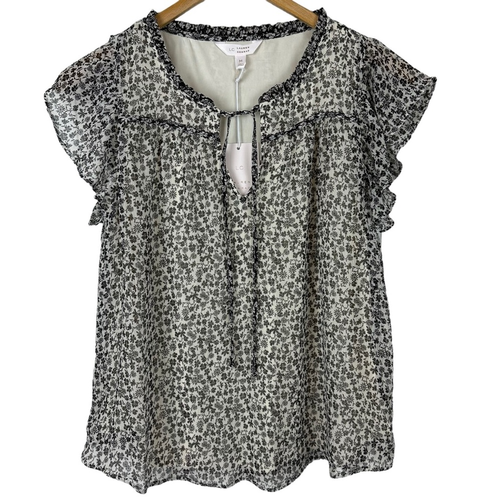 LC Lauren Conrad Black and White Floral Ruffle Sleeve Blouse